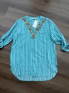 NWT Soft Surroundings Aqua Blue Striped Embroidered V-Neck Tunic